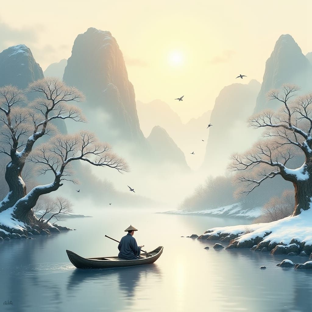 Tang Dynasty Winter Landscape with Fisherman, Inspired by Uk...