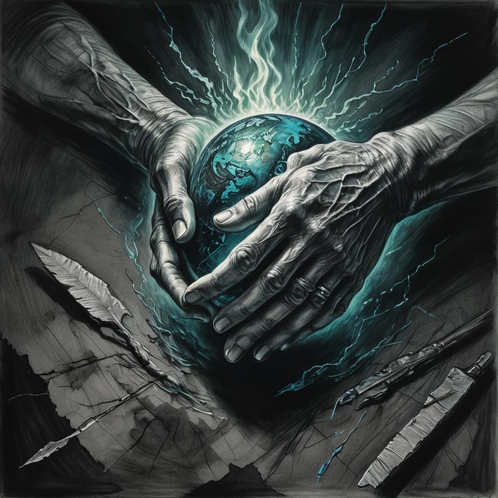 Glowing Earth in Hands: Charcoal Drawing