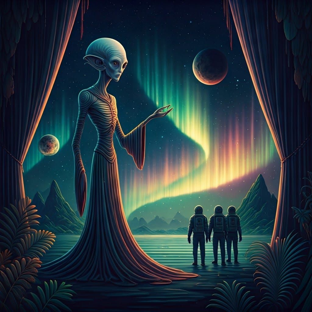 Ethereal Alien Hosts Intergalactic Visitors in Vibrant Cosmi...