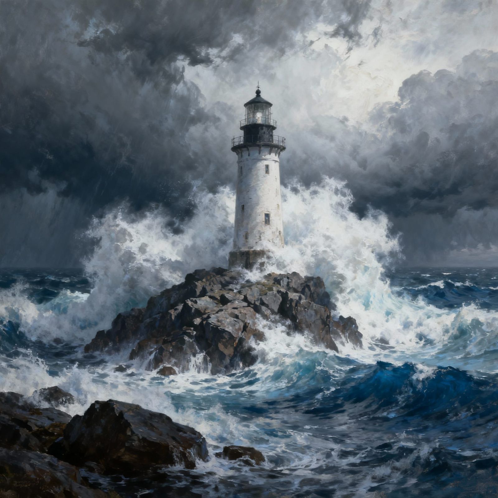 Dramatic Lighthouse Amidst Crashing Waves in Stormy Seas