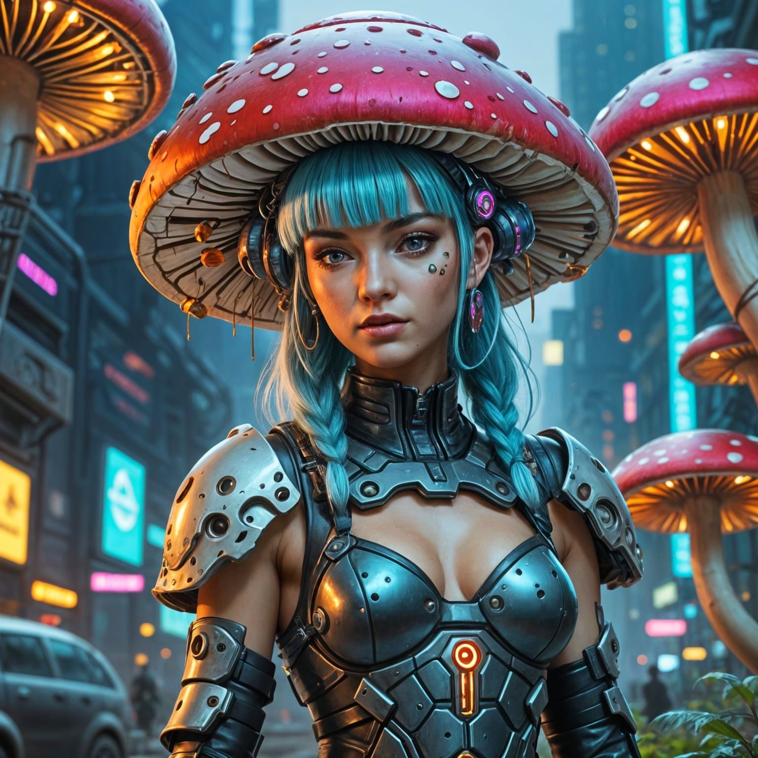 Cyberpunk Princess Among Glowing Mushrooms