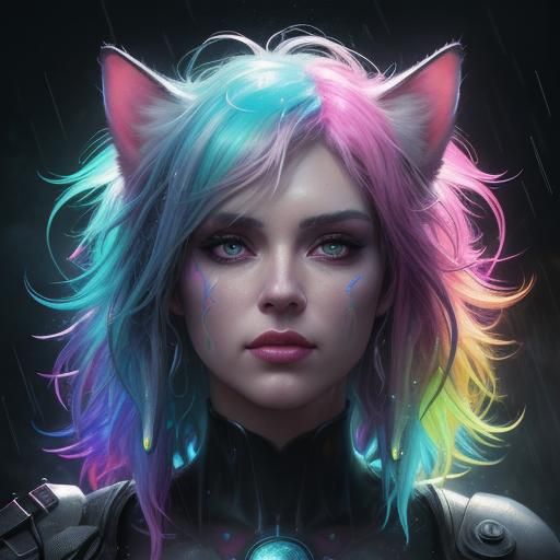 Rainbow Cat in Rain: Whimsical Concept Art
