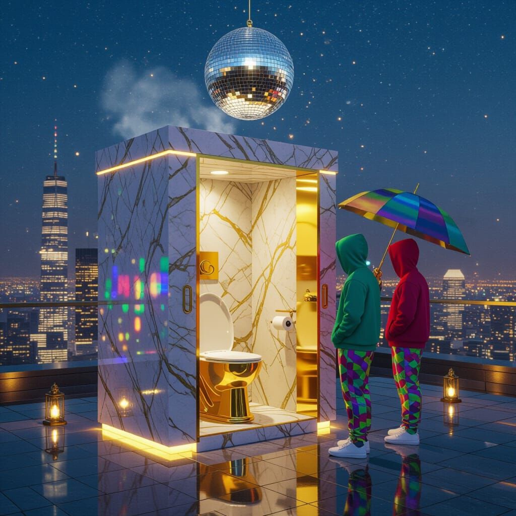Extravagant Skyscraper Toilet Pavilion with Disco Ball
