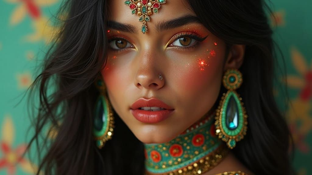 Exotic Futuristic Beauty in Emerald, Sapphire, and Ruby Hues