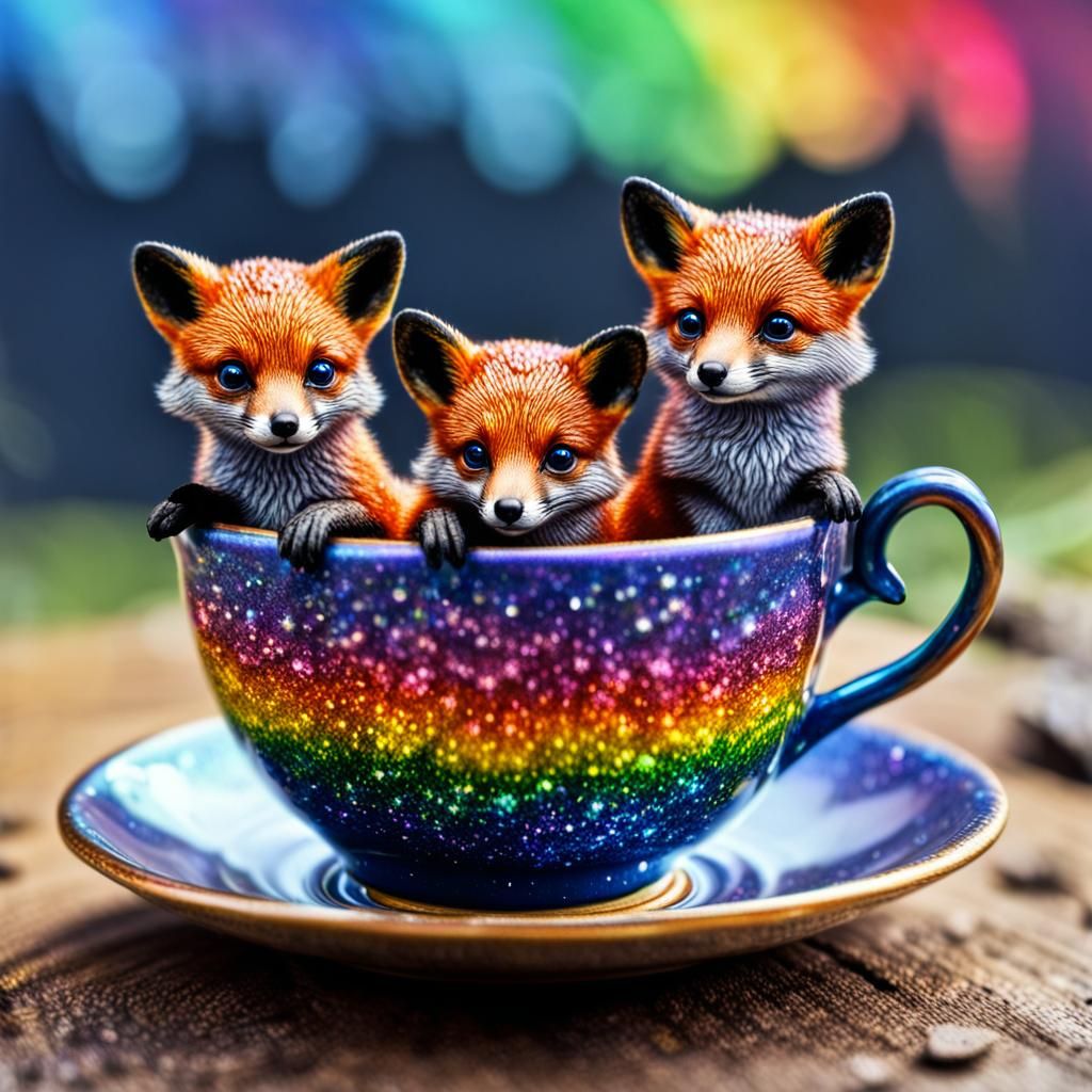 Rainbow Glitter Foxes in Teacup: Hyperrealistic Image