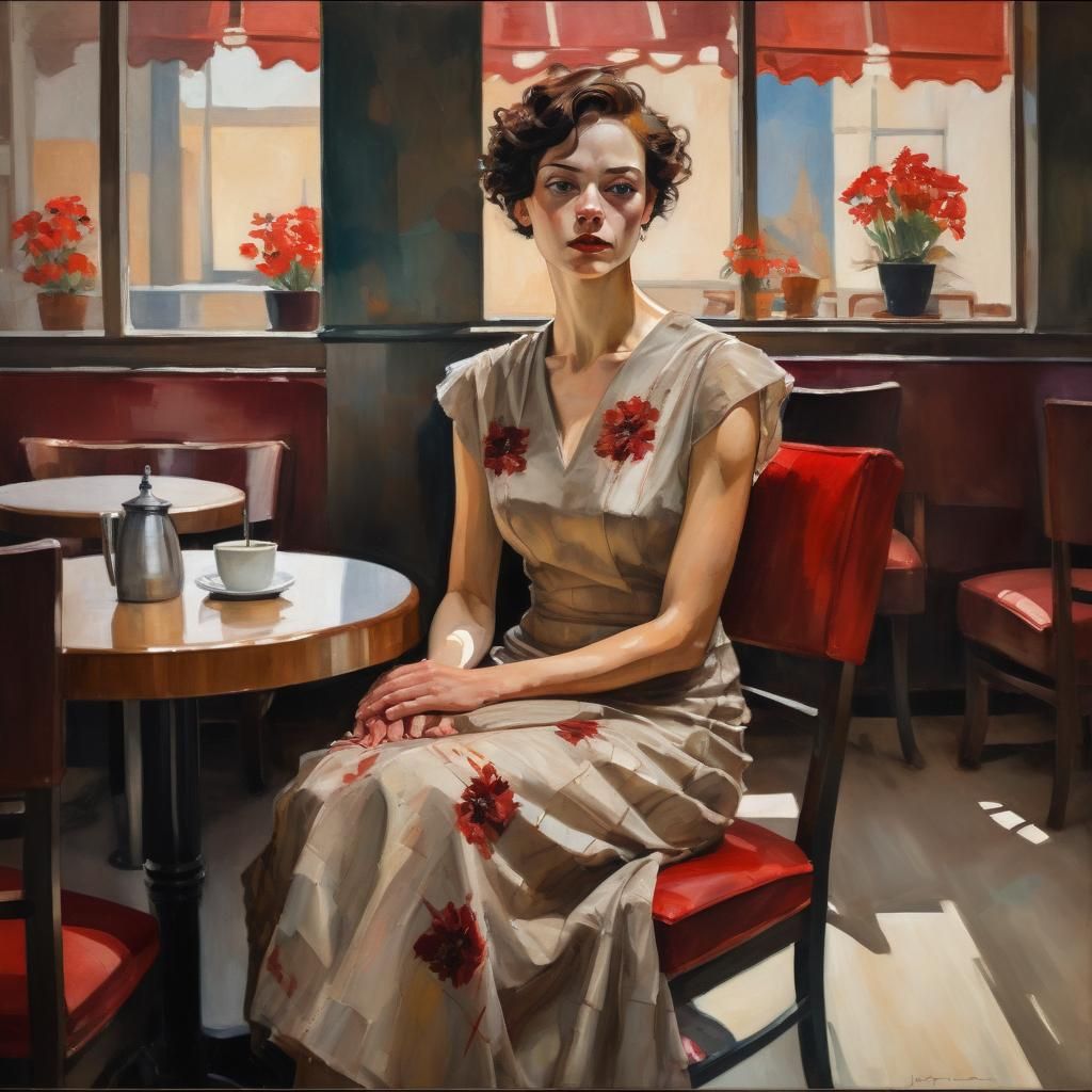 Art Deco Woman in Cafe, Expressive Oil Painting