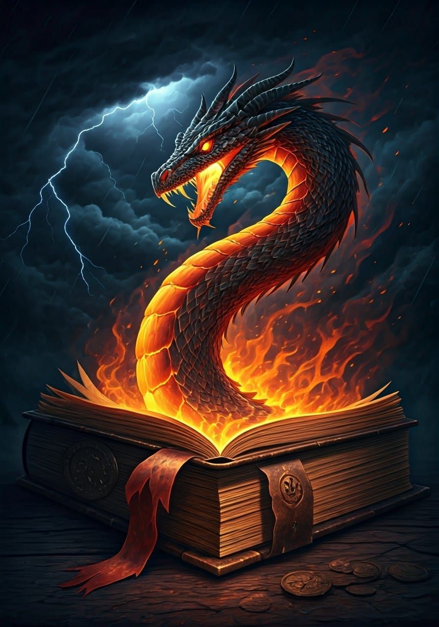 Majestic Fire Serpent Emerges from Ancient Tome