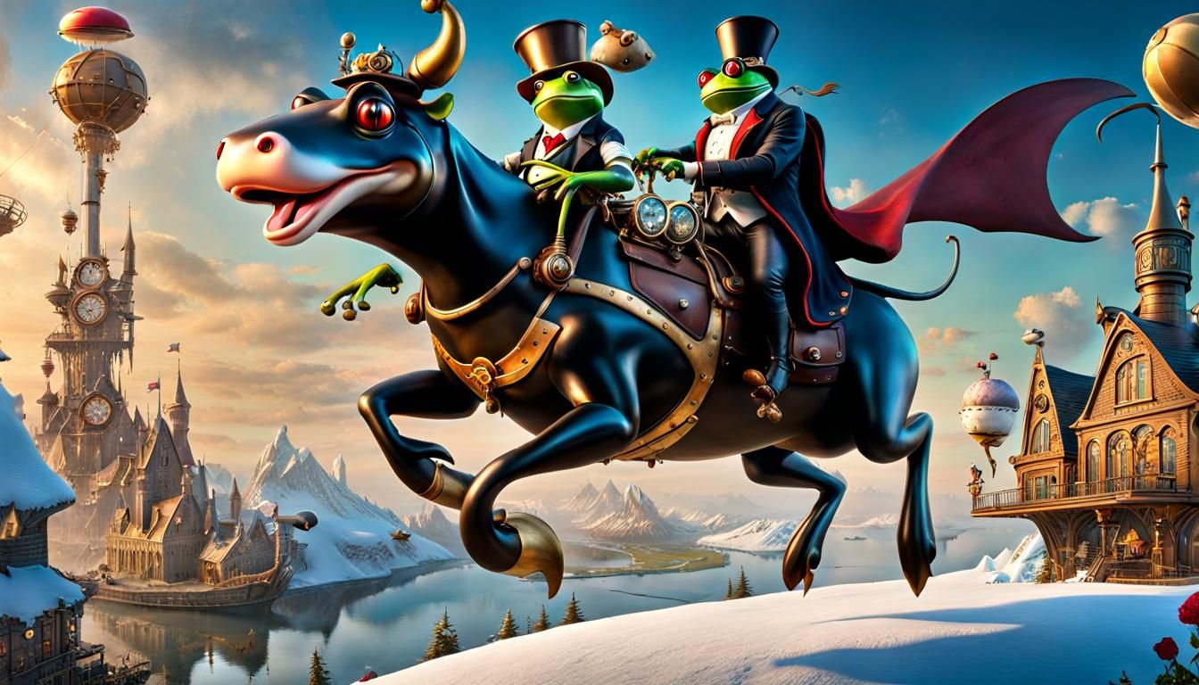 Frog Rides Flying Cow Over Ice Cream World
