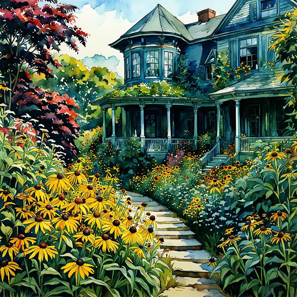 Watercolor Garden Path Inspired by Waterhouse