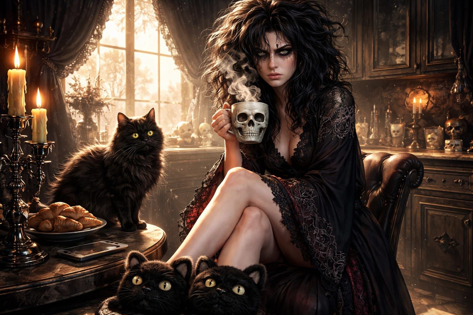 Gothic Woman Enjoys Coffee in Surreal Morning Kitchen