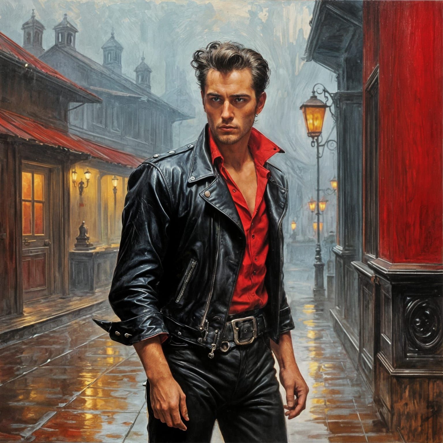 1950s Greaser in Red Rain: Renaissance Romanticism