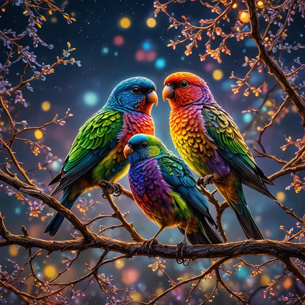 Glass Lovebirds Portrait in Vibrant Night Sky