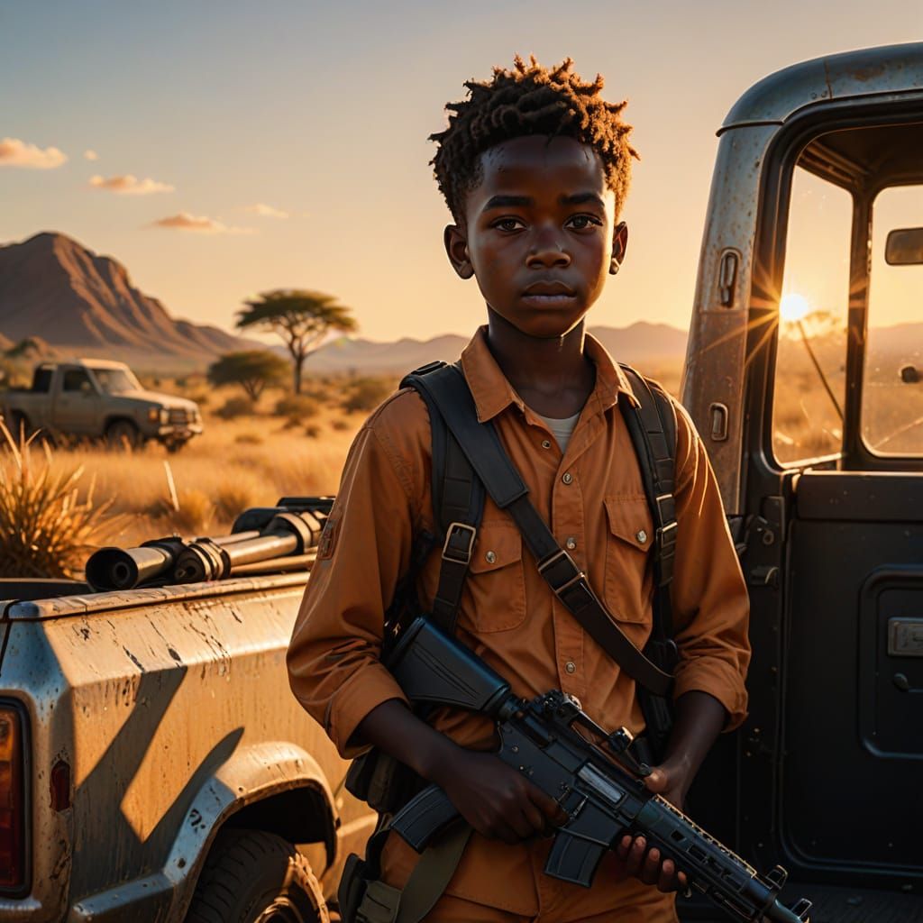 Young Soldier in Golden Hour, Afrikan Landscape