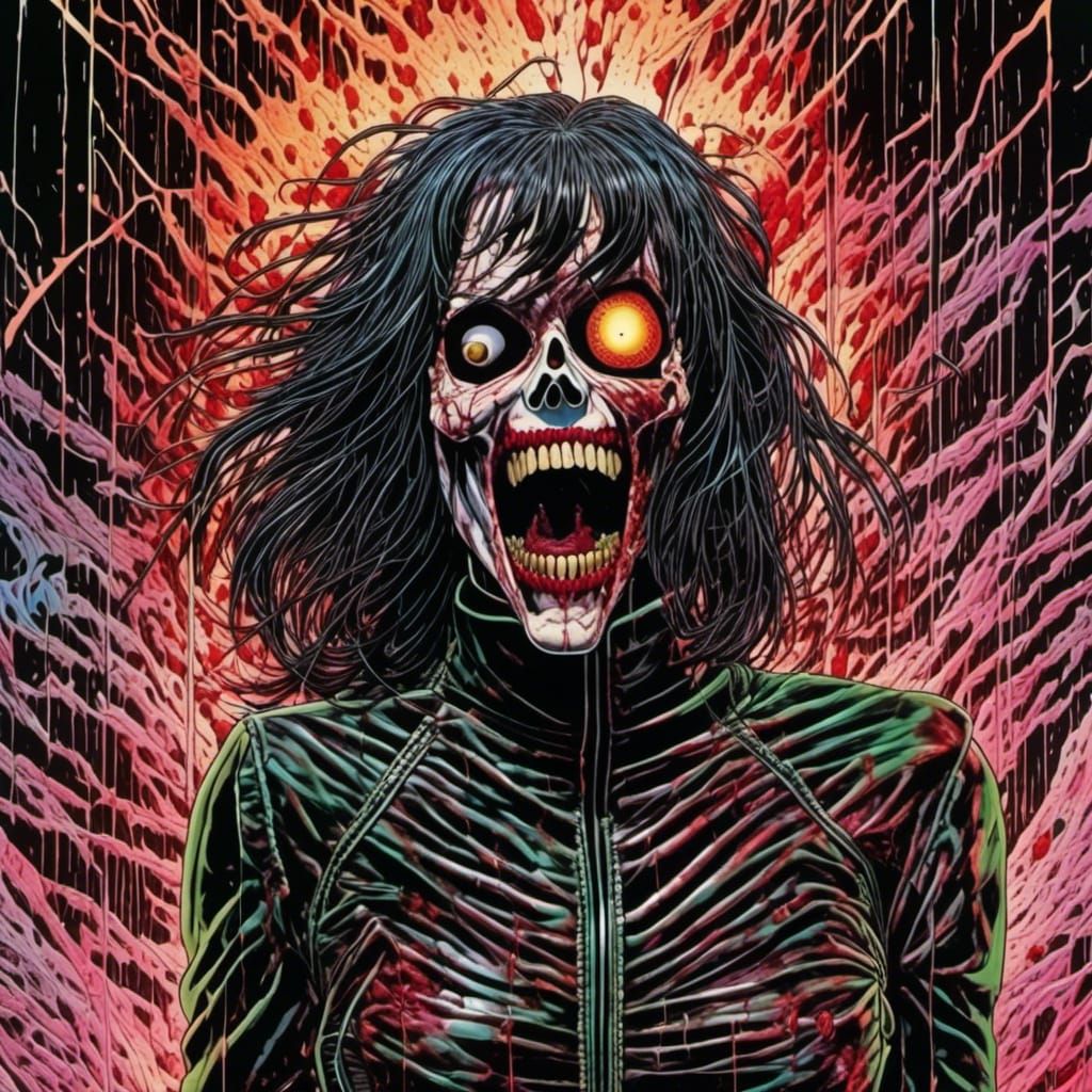 Ungodly bizarre photorealistic leather death fleshed-mask; tainted frenzied woman howling in ZBrushed infusion of Frank...