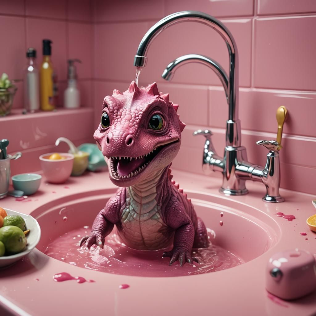 Hyperrealistic Baby Dinosaur in Pink Kitchen