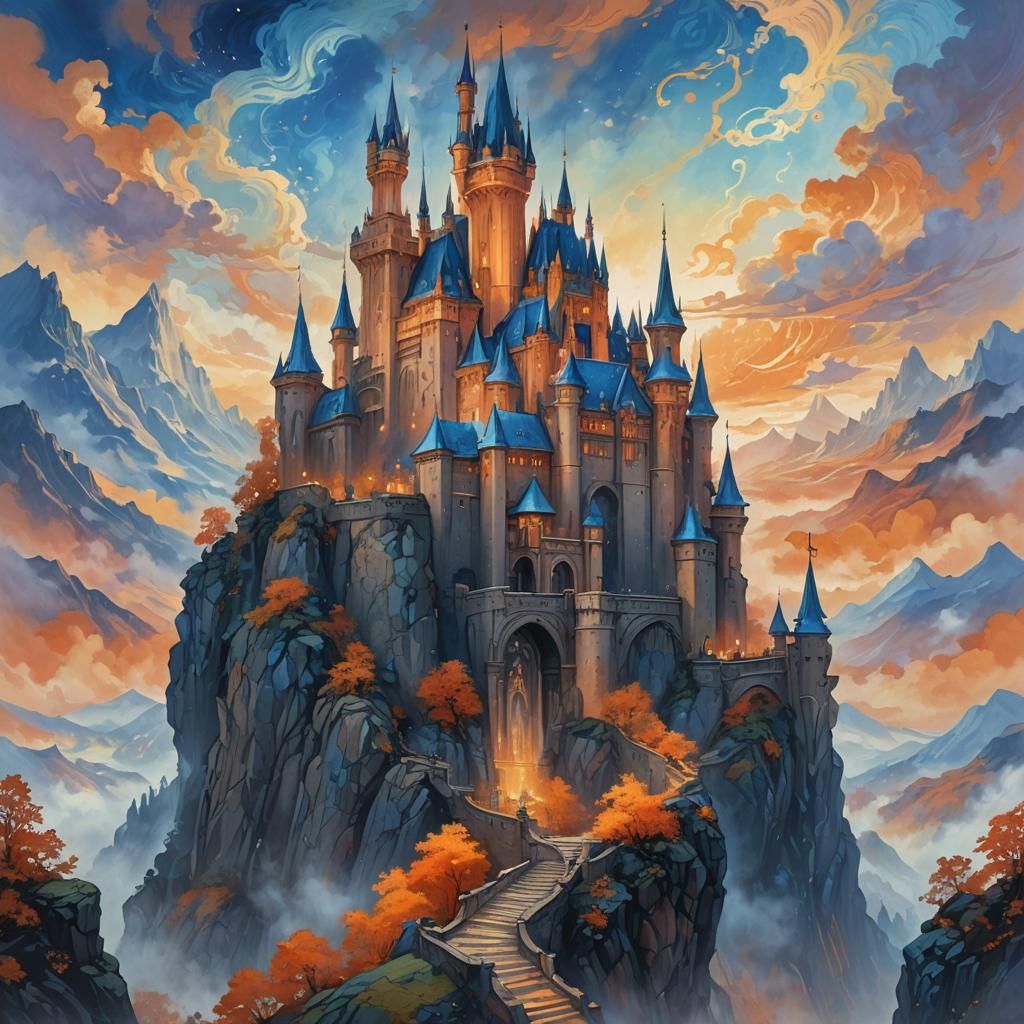 Ornate Castle on Iridescent Mountain Peak