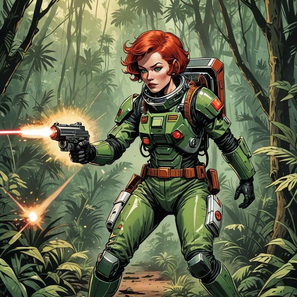 Redhead Pilot Fires Laser Pistol in Jungle, Comic Art
