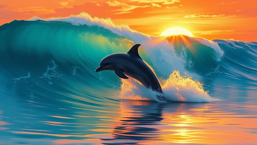 Dolphin Leaping from Ocean Wave at Sunset