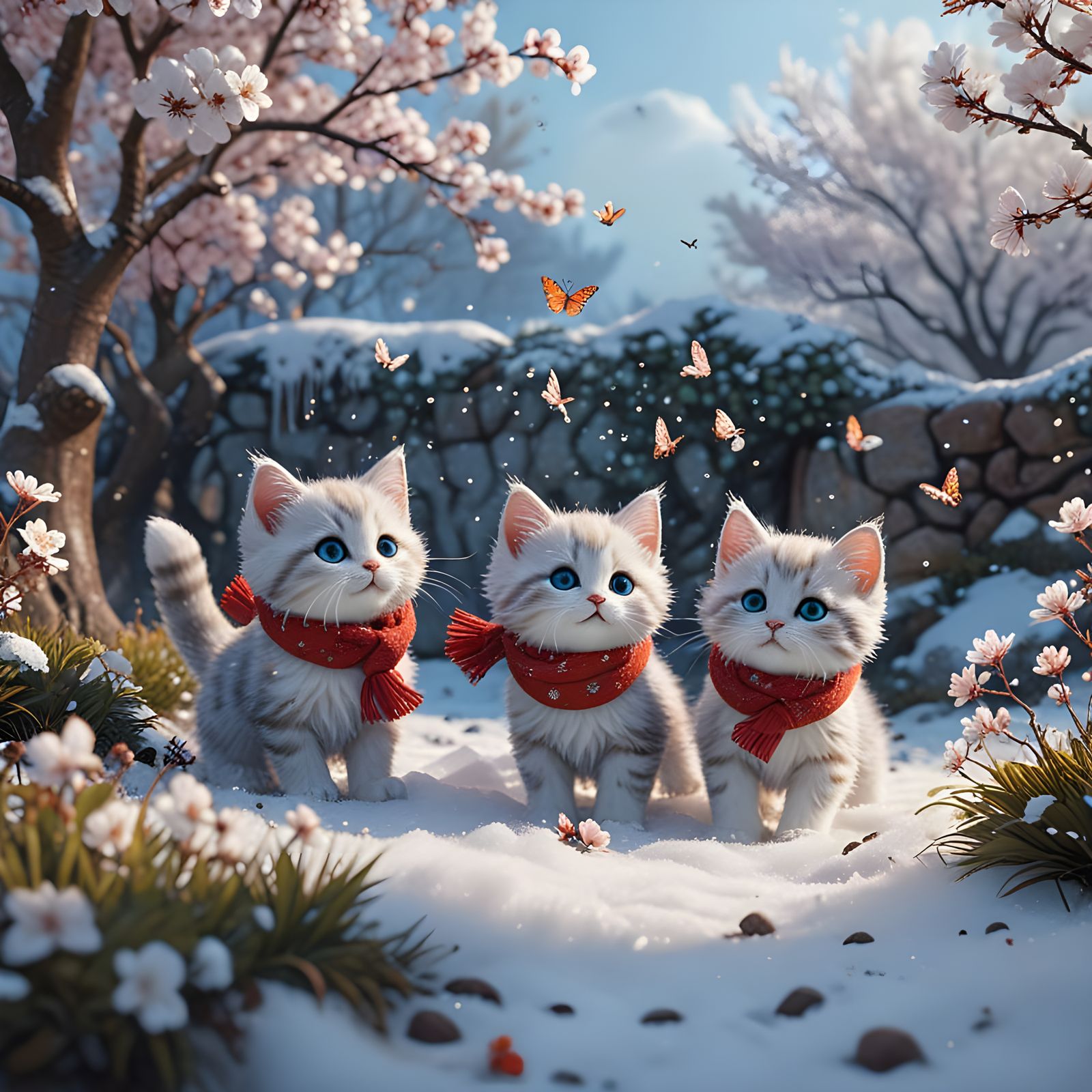 Whimsical Winter Wonderland Kittens in Vibrant Colors