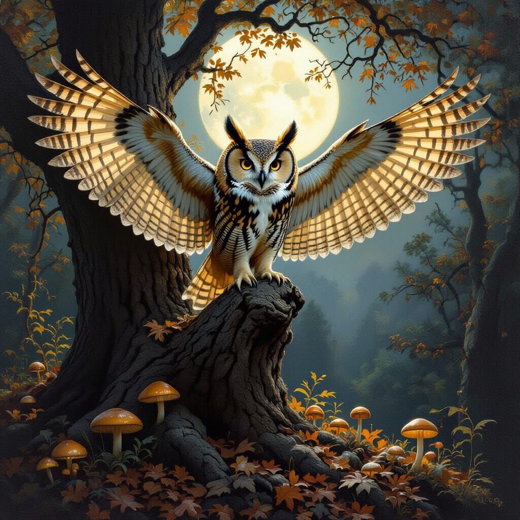 Wise Owl in Moonlit Forest: Classical Oil Painting