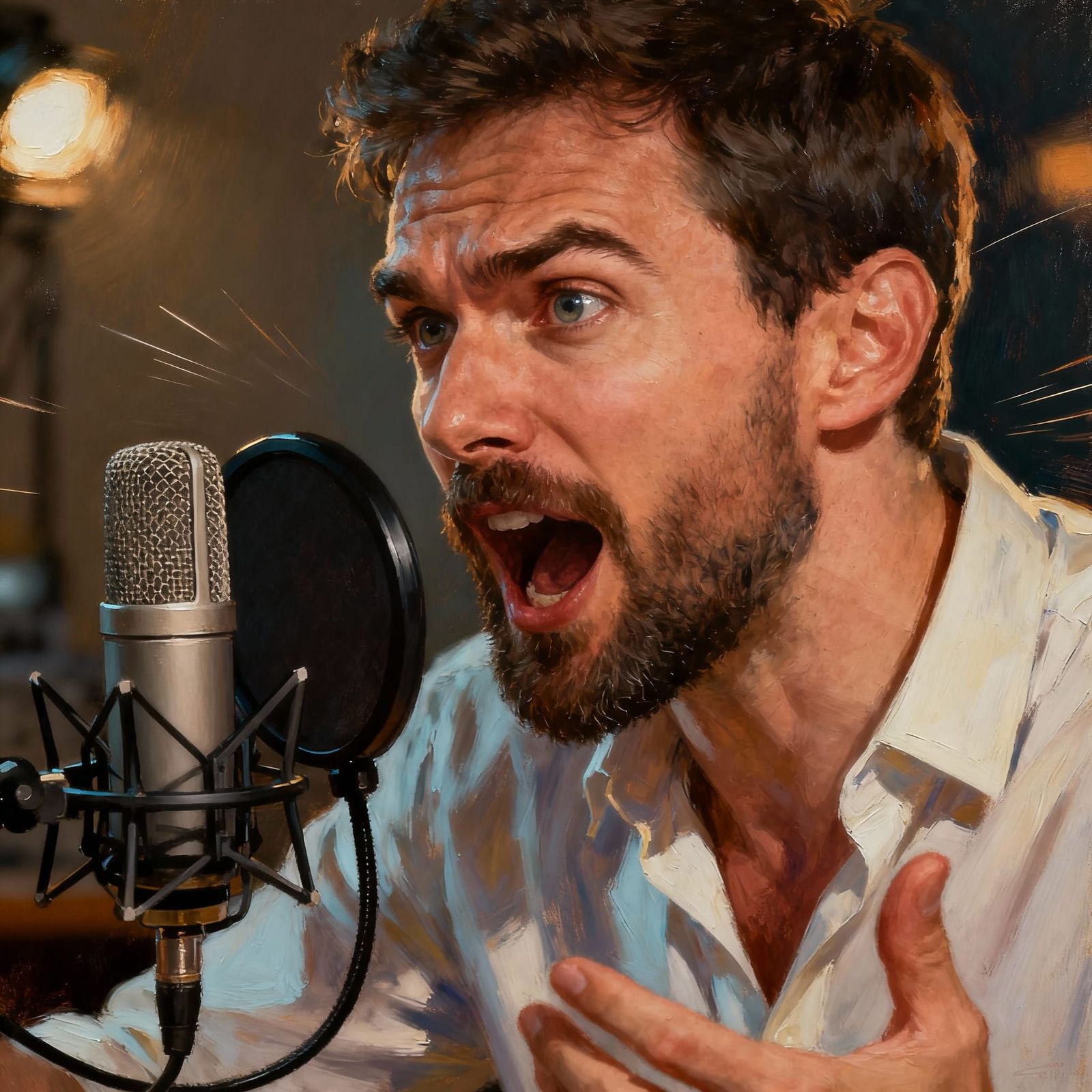 Passionate Man Speaks Energetically Into Microphone