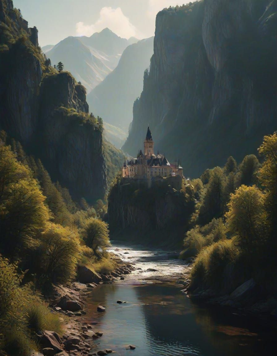 Vibrant Summer Mountain Landscape with Gothic Castle