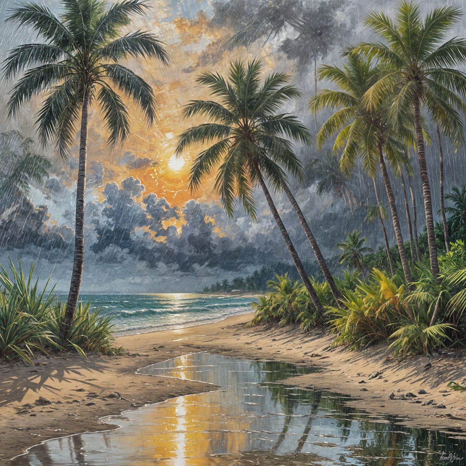 Rainy Beach with Palm Trees as Oil Painting