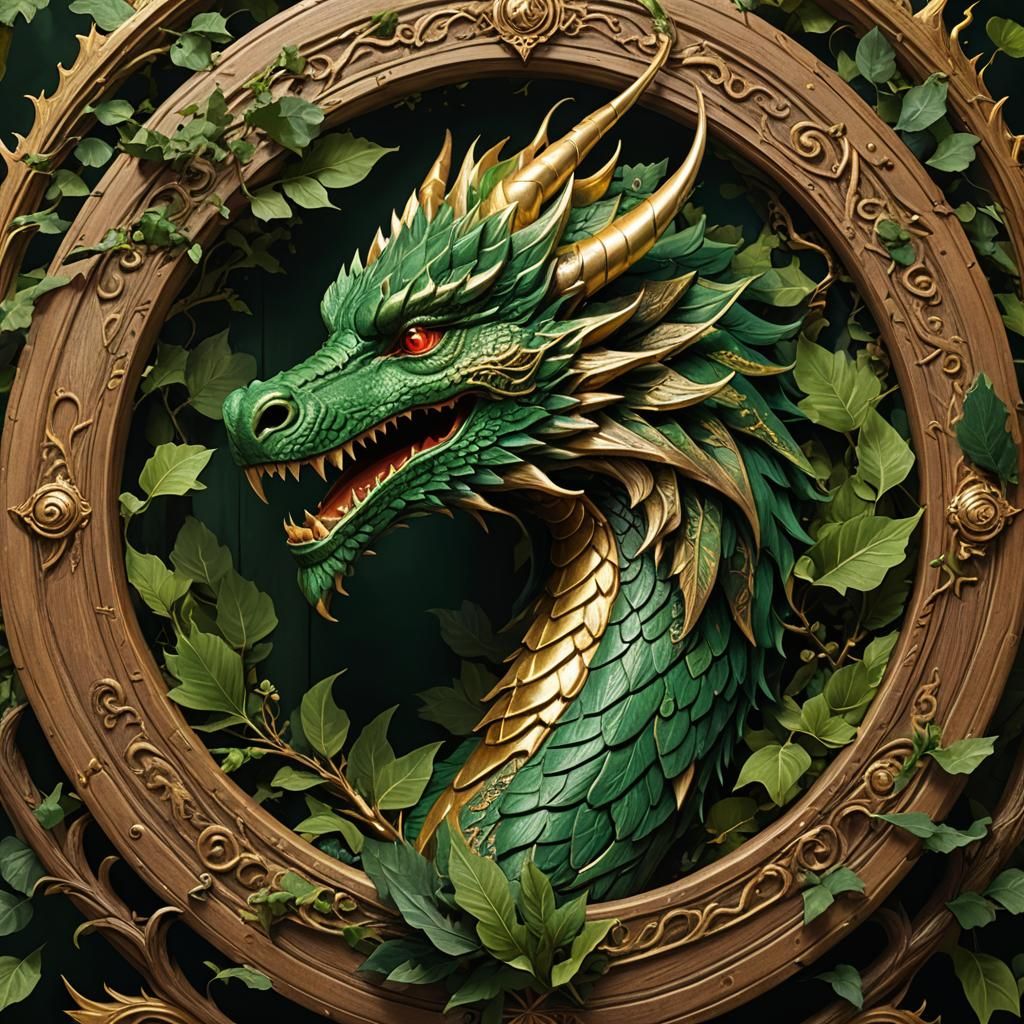 Wise Wooden Dragon in Ornate Circle, Digital Painting