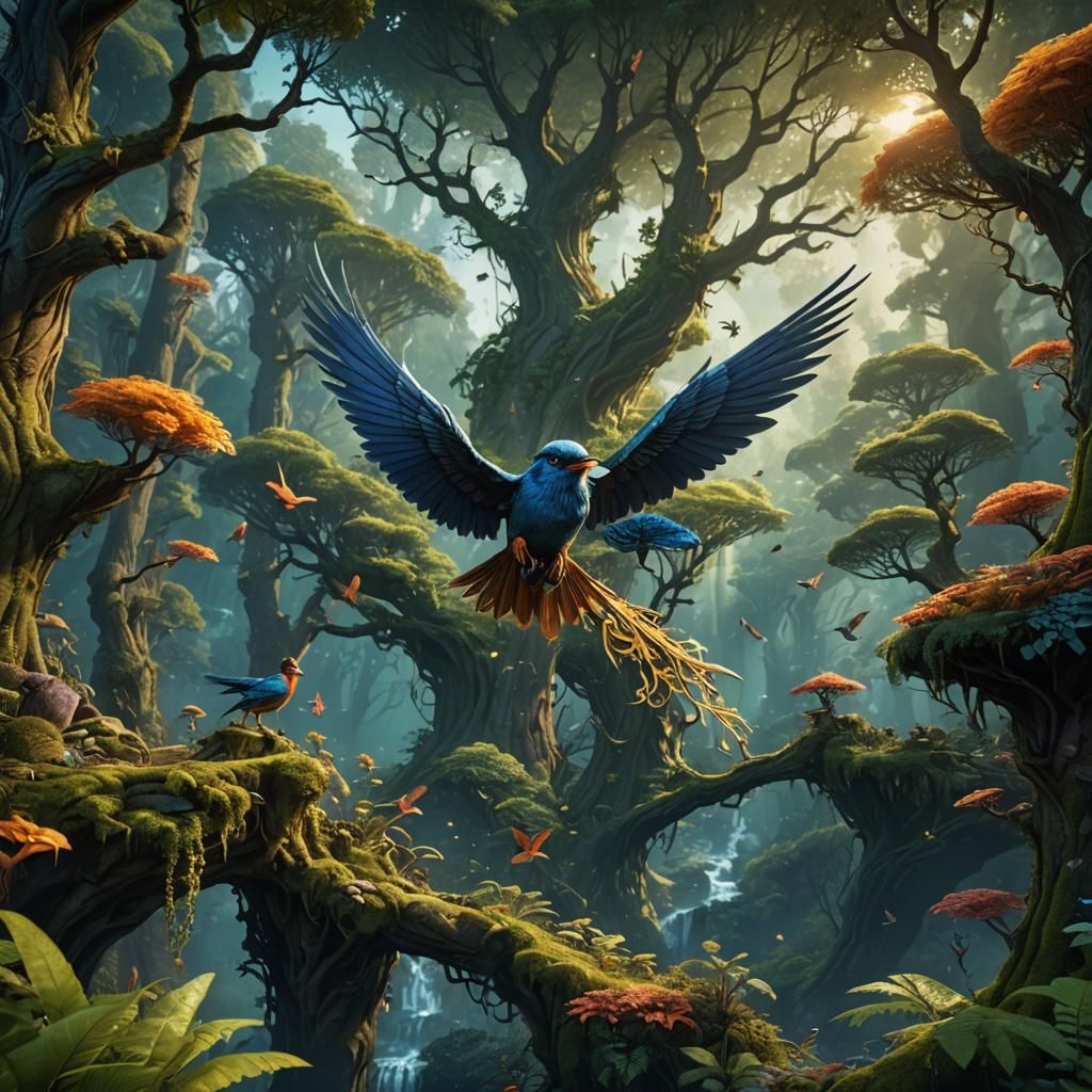 Bird Flight Over Mythical Fairy Forest, Detailed Painting