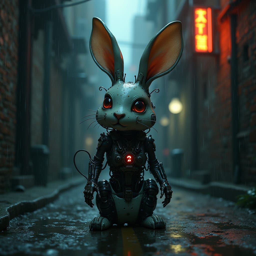Cyberpunk Cyborg Rabbit in a Gritty Dystopian City