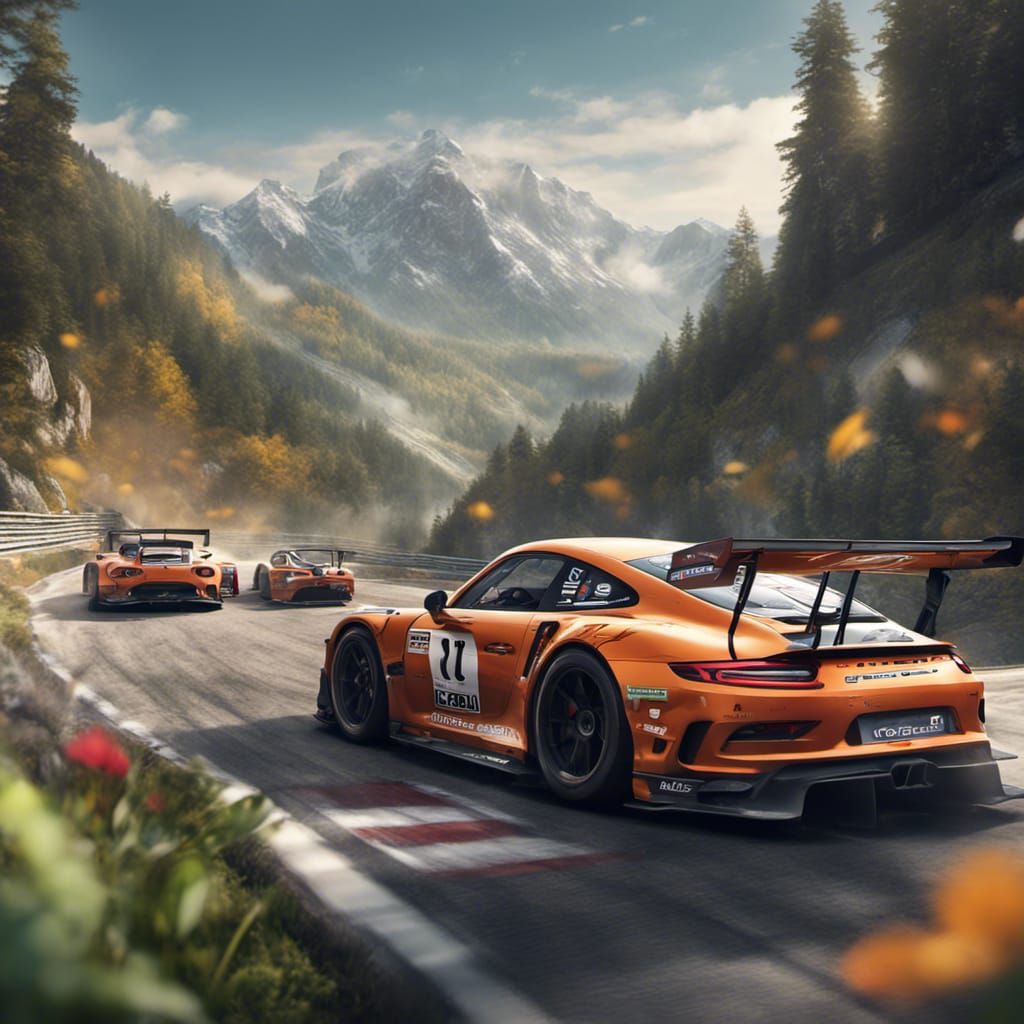GT3 Race Cars Racing Through Mountain Scene in Cartoon Style