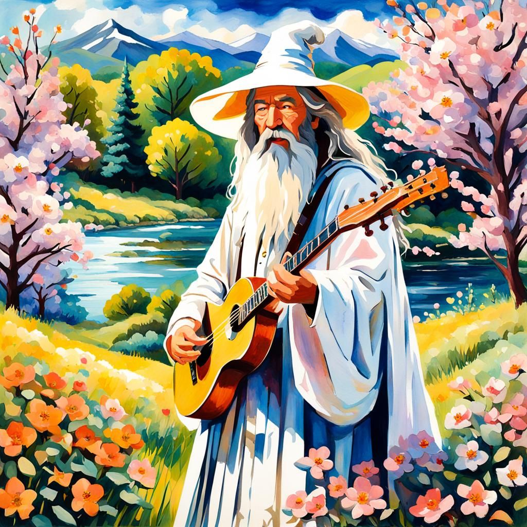 Gandalf the White Plays Guitar in Gouache Style