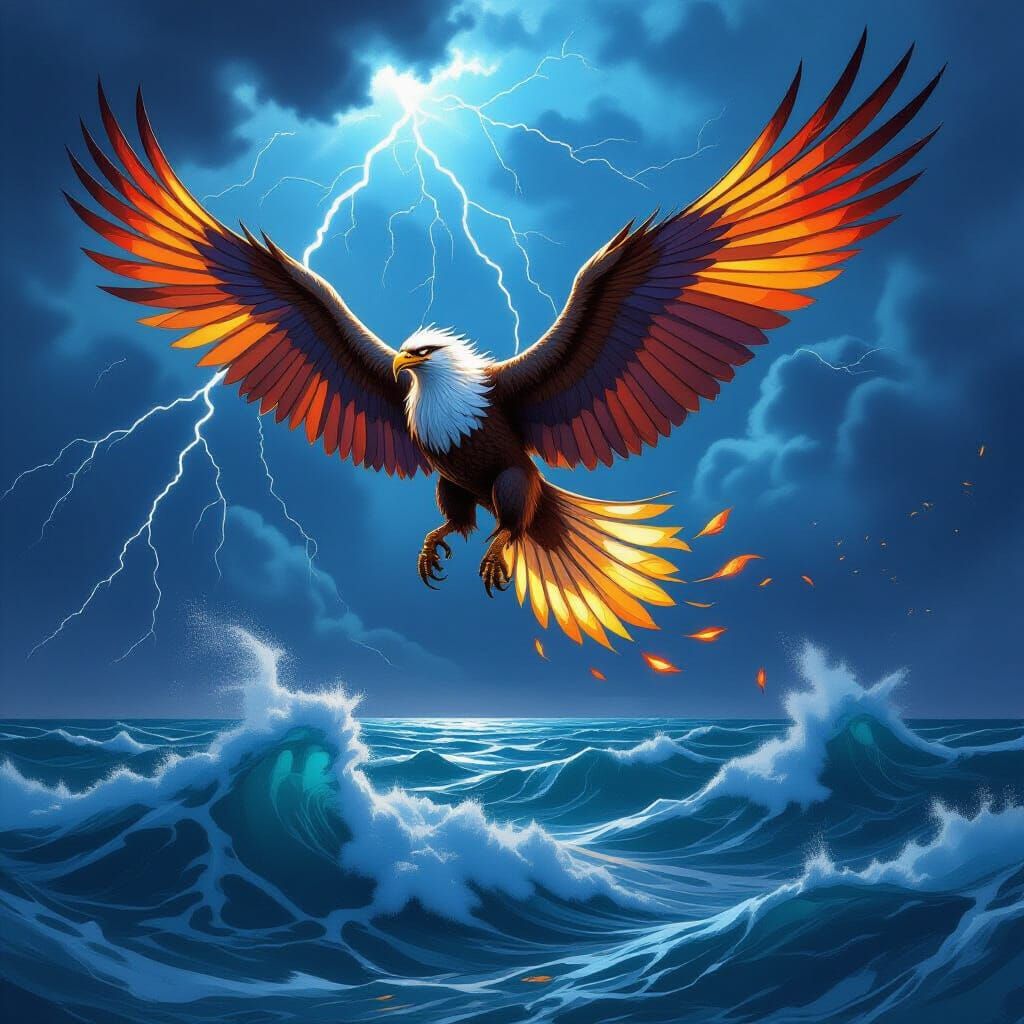 Griffin Soars Over Stormy Seas in Dark Fantasy Style