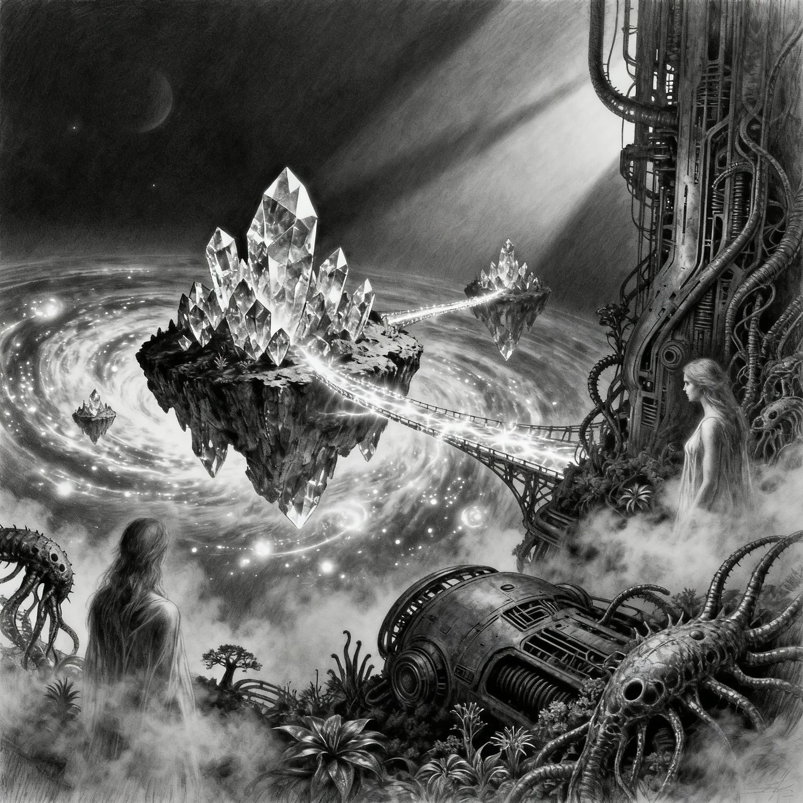 Surreal Futuristic Dreamscape with Crystalline Islands