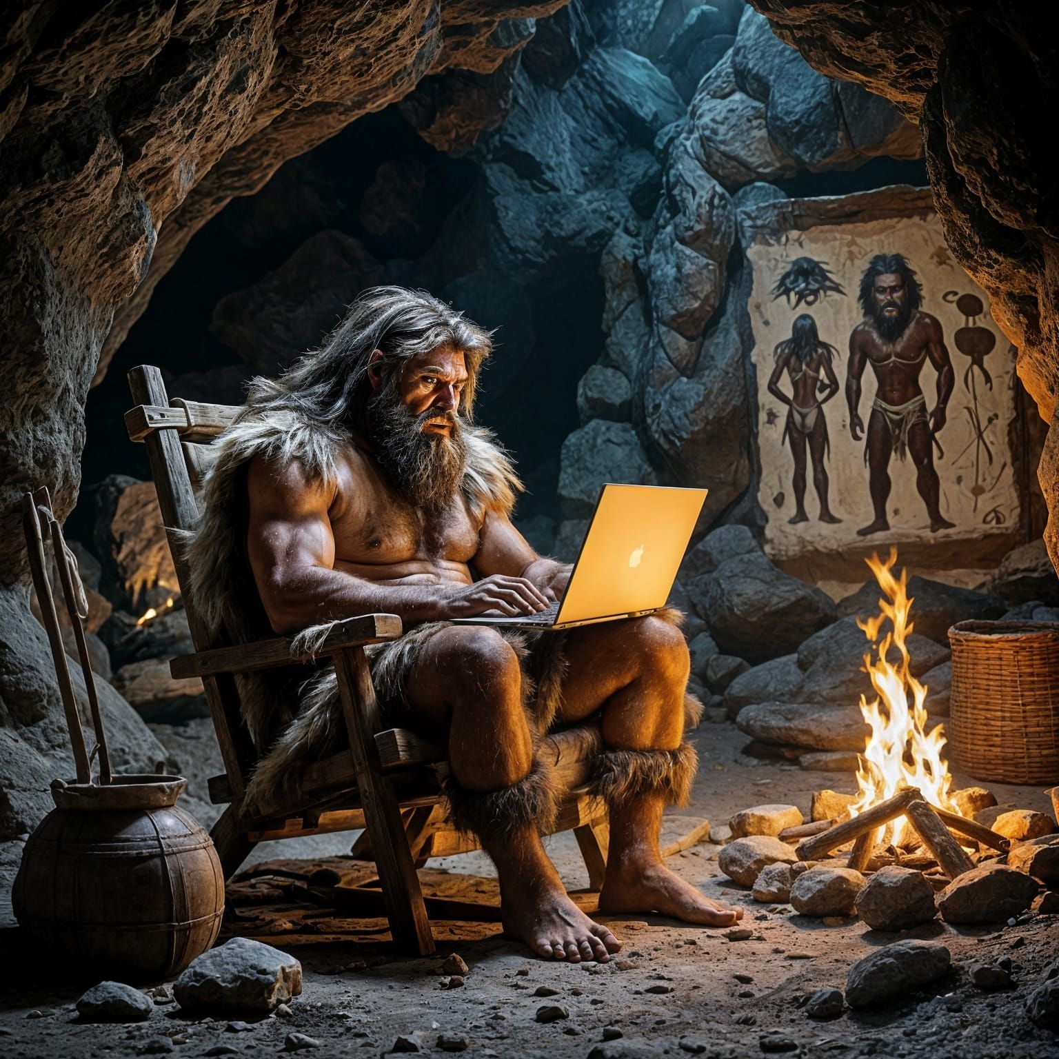 Caveman Uses Laptop in Stone Age Cave