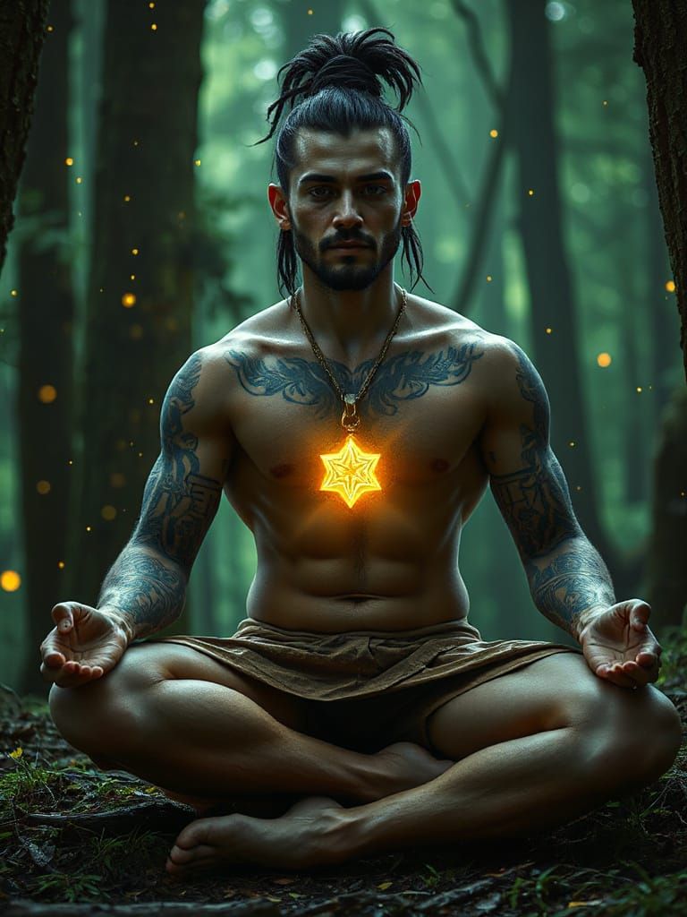 Demigod in Meditation in Hyperrealistic Fantasy Art Style