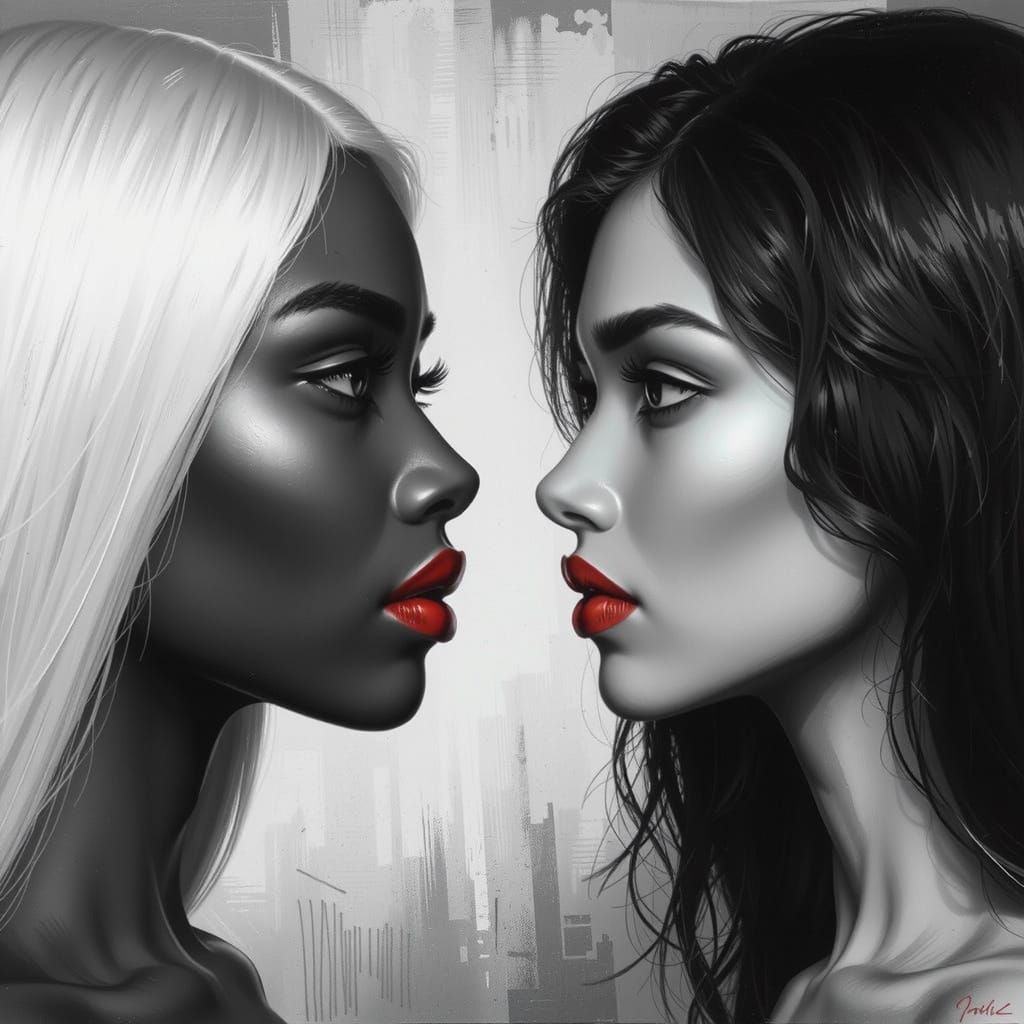 Monochrome Oil Painting: Women in Profile