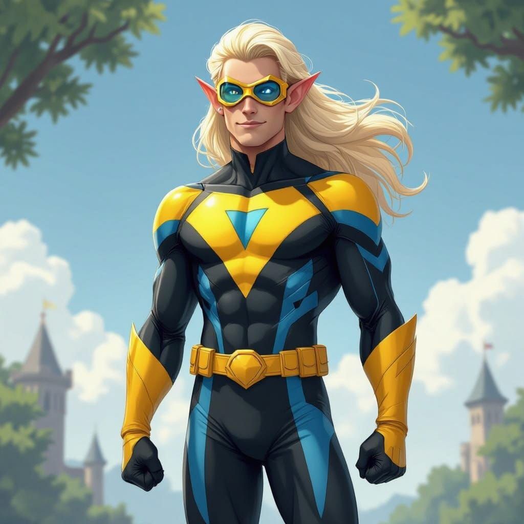 Regal Elf Hero in Vibrant Superhero Attire