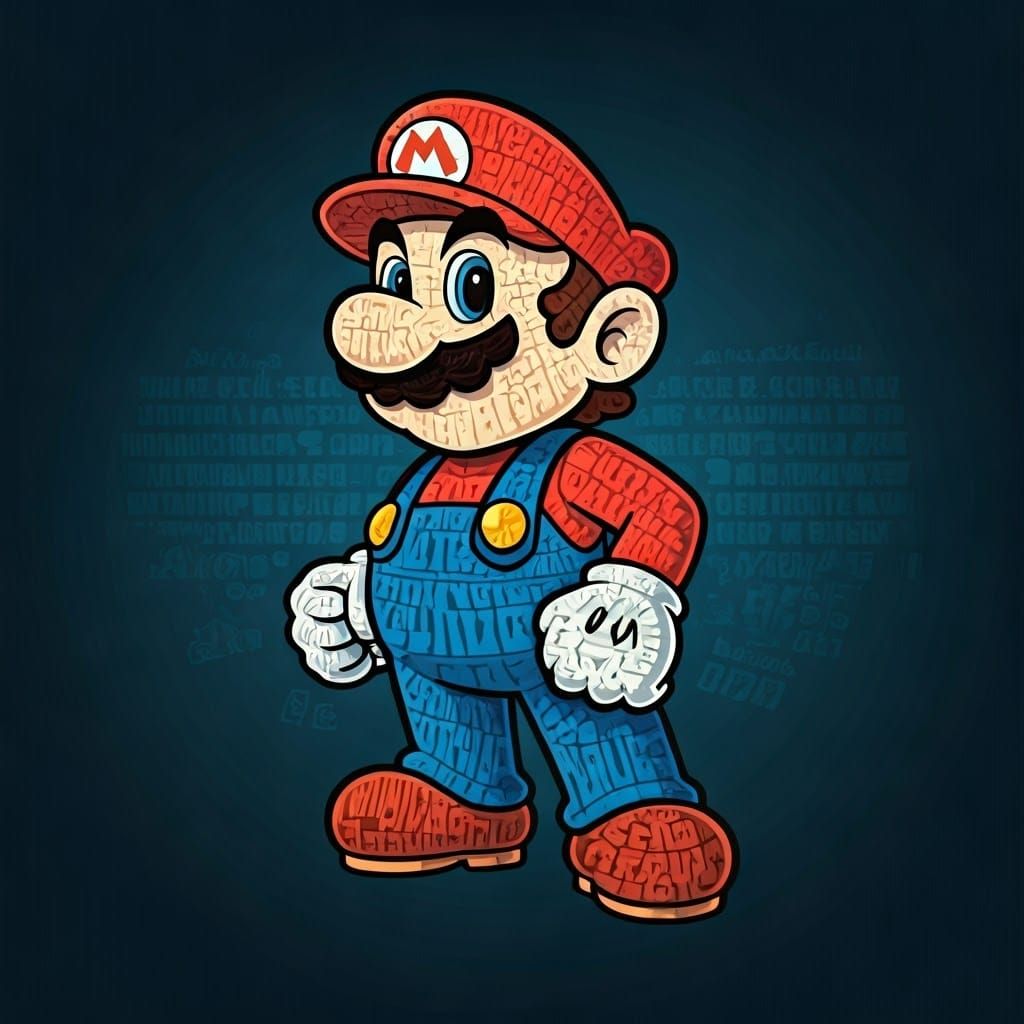 Mario Silhouette in 8-bit Pixel Art Typography