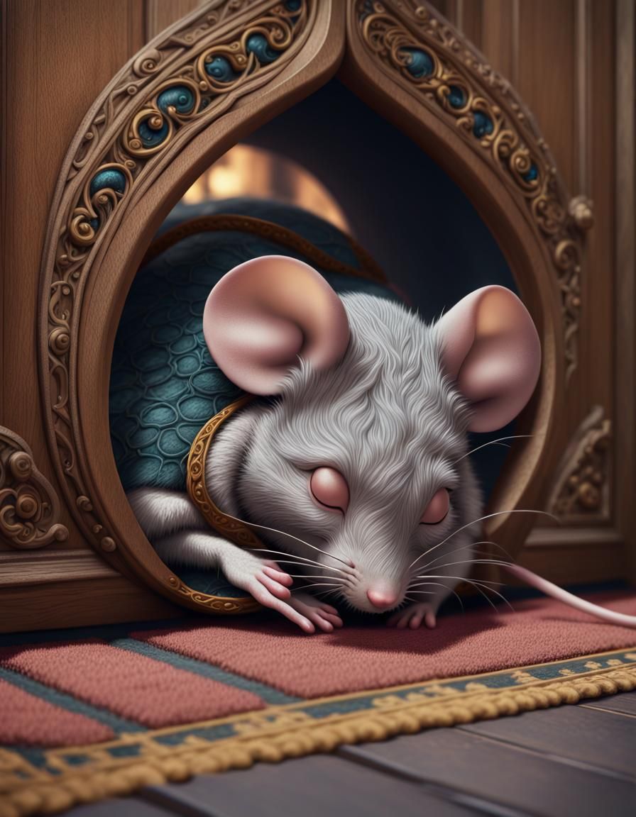 Anthropomorphic Mouse Asleep on Doormat in Detailed Matte Pa...