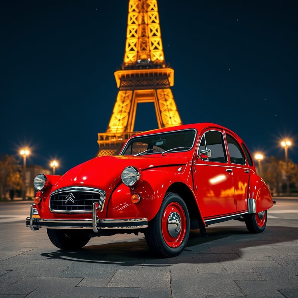 Citroen 2CV and Eiffel Tower at Night