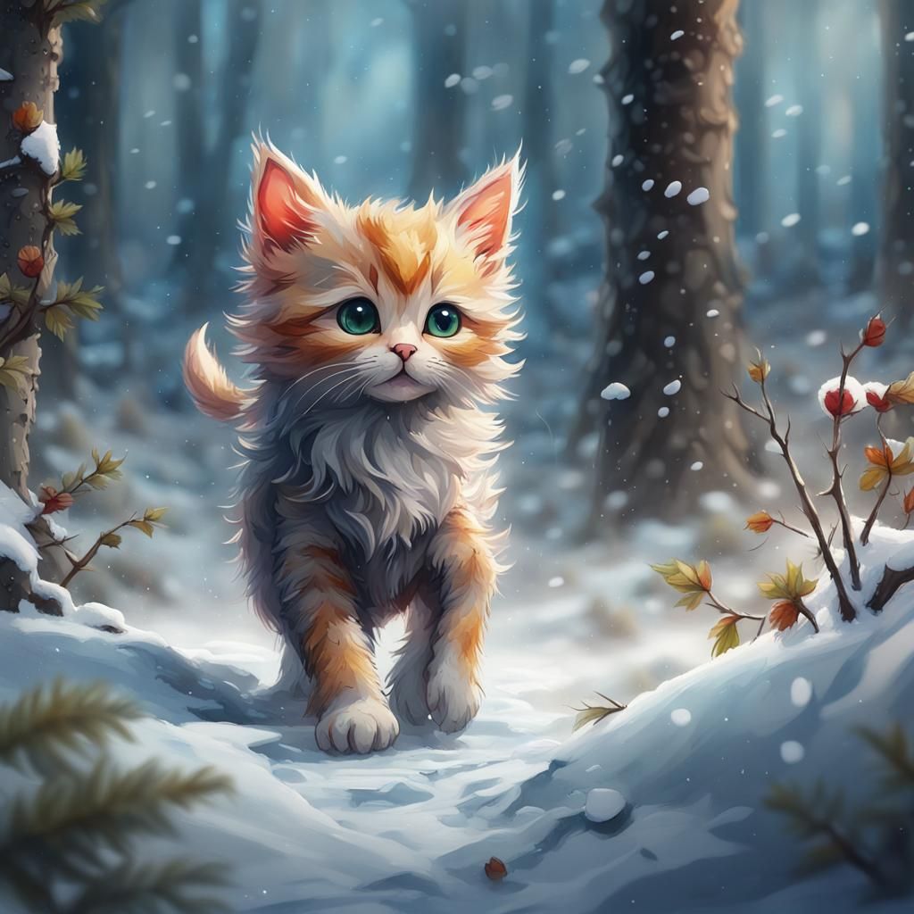 Kitten's Snowy Forest Adventure: Oil, Watercolor, and Ink