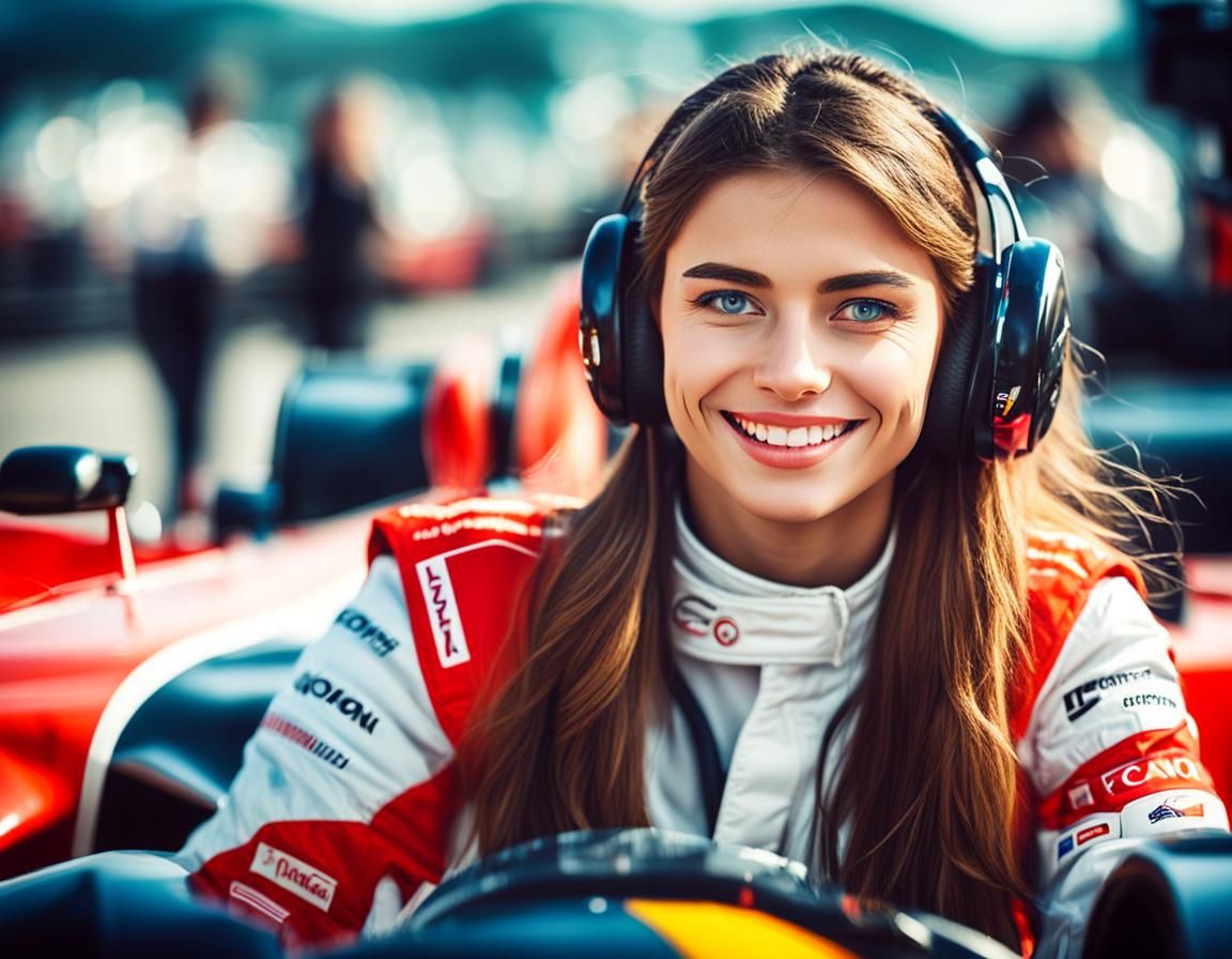 European Woman Driving Formula 1 Car, Photography