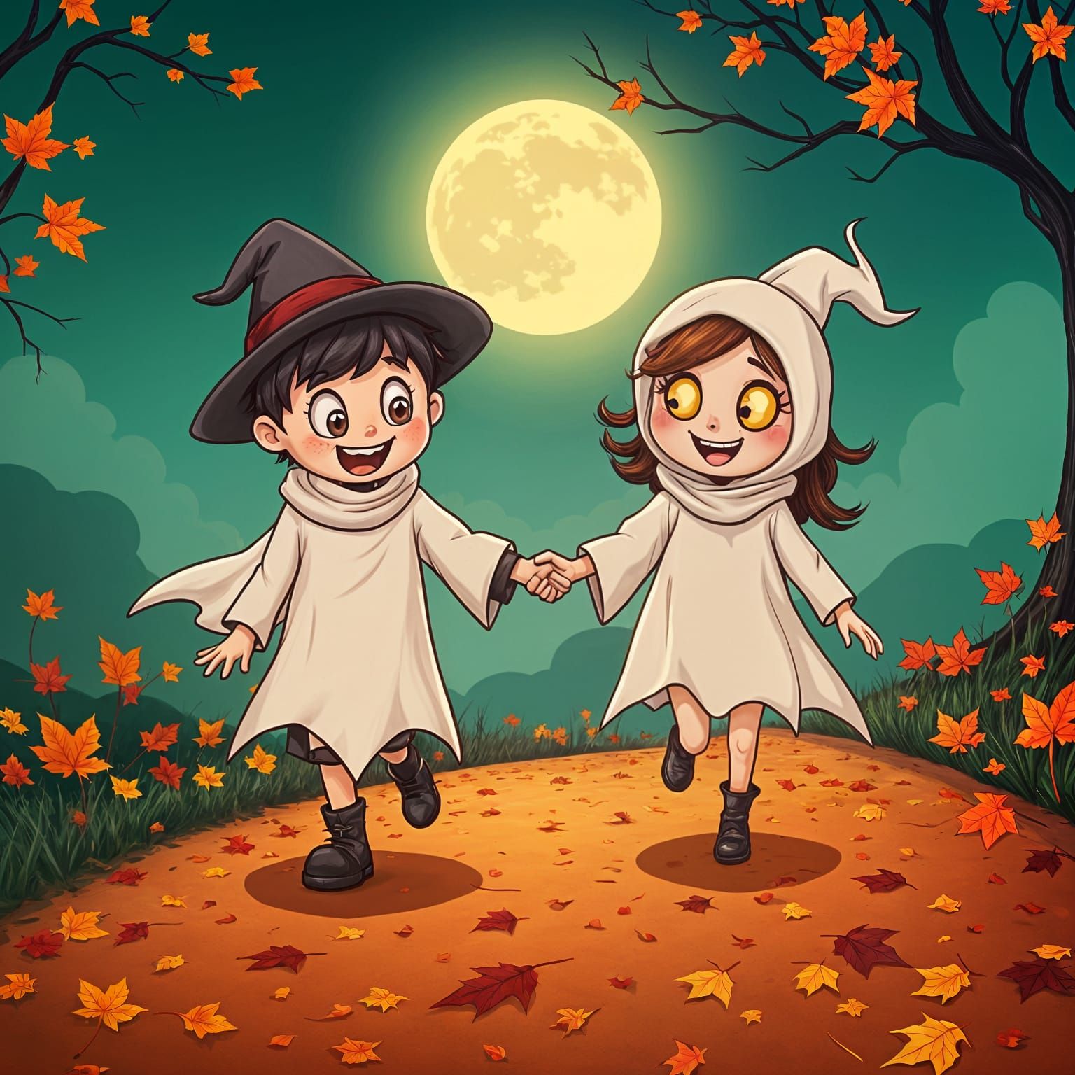 Cartoon Ghosts Trick-or-Treating on Autumn Road