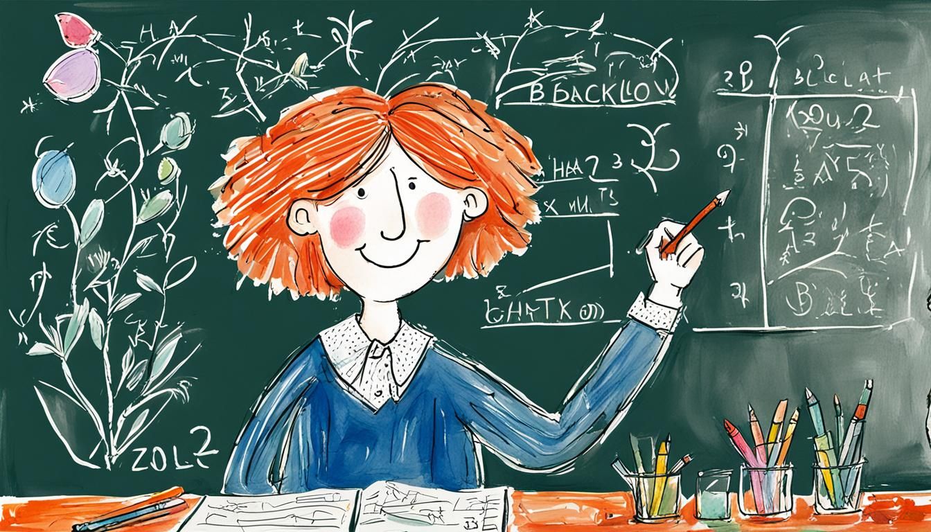 smiling female teacher in front of blackboard