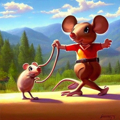 Muscular Cartoon Mouse and Woman in Oil Painting