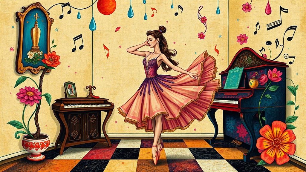 Ballerina's Naive Art Dance with Cubism Elements