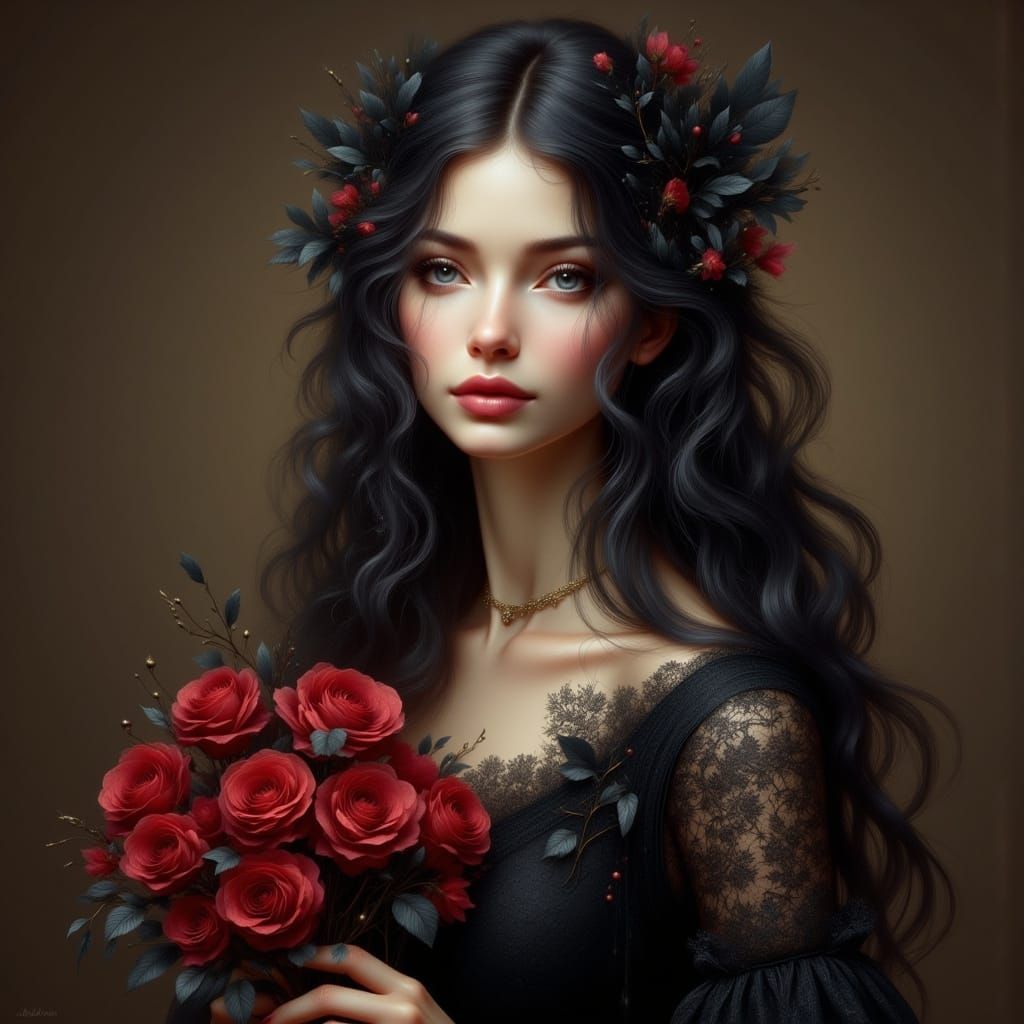 Medieval Woman in Black Lace Dress with Roses
