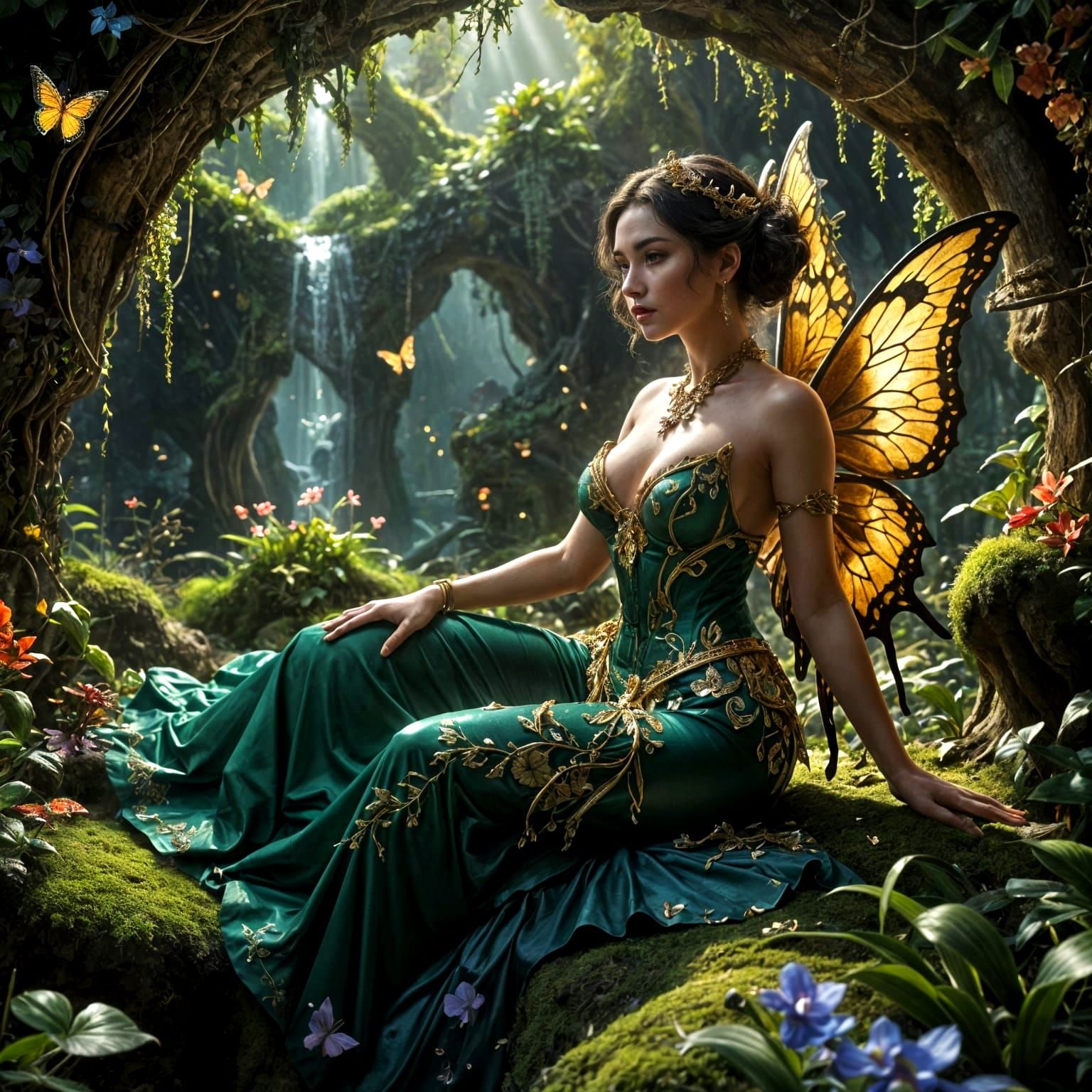 Goddess in Grotto with Butterfly Wings: Dark Fantasy Art