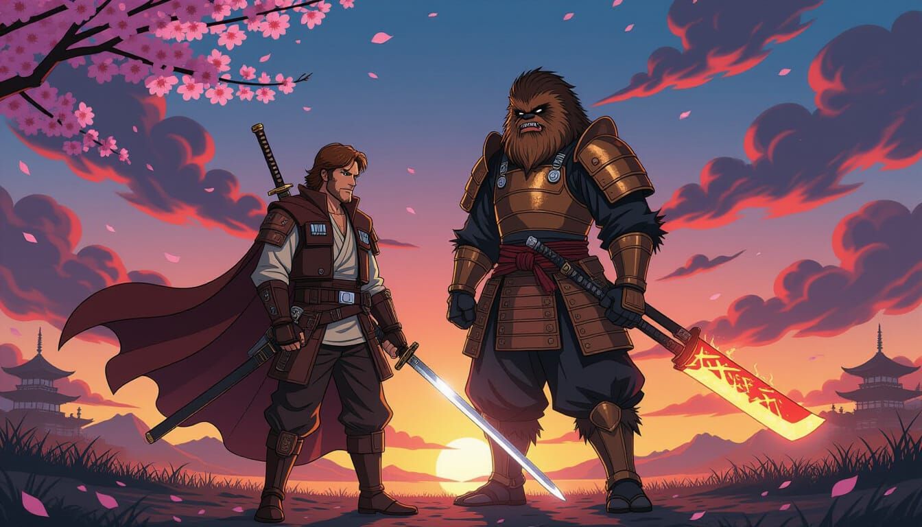 Samurai Han Solo and Chewbacca in Anime Style